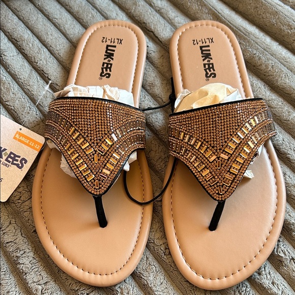 Muk Luks Luk*Ees NWT Brown/Tan Rhinestone Sandals XL 11-12 Gorgeous So Chic New - Picture 3 of 13